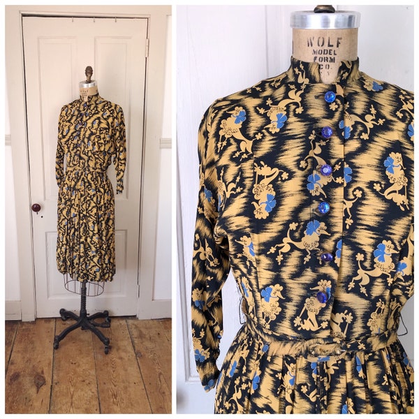 Paris Prance 1940s Black/Yellow/Blue Poodle Novelty Print Dress with Jewel Button Details