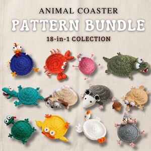 18 Animal Crochet Coaster Patterns Bundle, Mug Hugger Crochet Pattern, Cute Animal Coasters PDF + Video Tutorial, Beginner Friendly crochet