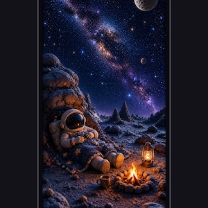May include: A digital art image of an astronaut relaxing on a rocky surface under a starry night sky. The astronaut is wrapped in a blanket with star patterns, next to a campfire and a lantern. A cup sits nearby.