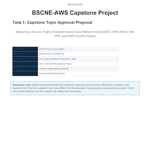 May include: A white document titled WGU E030 BSCNE-AWS Capstone Project Task 1: Capstone Topic Approval Proposal. It includes a table with fields for name, ID, program, course, organization, and date, plus a submission note regarding bracketed fields.