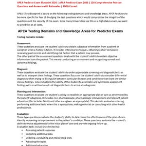 Puede incluir: Un documento blanco titulado APEA Predictor Exam Blueprint 2026, con el logotipo de APEA en la parte superior. El texto describe dominios de prueba que incluyen evaluación, diagnóstico, planificación, intervención y evaluación.