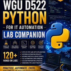 Peut inclure: Une couverture de livre de laboratoire édition 2026 intitulée Wiseman's WGU D522 Python for IT Automation. Le design bleu foncé présente un logo Python 3D, un ordinateur portable, du matériel réseau et 120+ laboratoires pratiques et exercices.