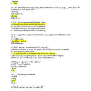 May include: A white document with black text featuring a list of multiple-choice English grammar questions numbered 9 through 16. Several correct answers are highlighted in yellow, including 'There', 'Drove', 'Could have gotten', 'Laid', and others.
