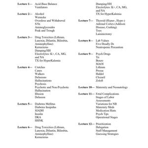 Può includere: Un documento bianco intitolato GUIDE Mark Klimek's Lecture, che elenca dodici lezioni con testo nero. Gli argomenti includono l'equilibrio acido-base, l'alcol, la tossicità dei farmaci, le stampelle, il diabete, i valori di laboratorio e altro ancora.