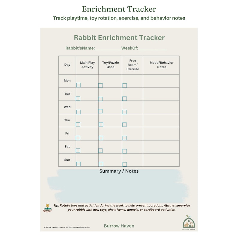 May include: A Rabbit Enrichment Tracker printable sheet with a weekly grid for tracking play, toys, exercise, and behavior. The document includes fields for Rabbit's Name and Week Of, a Summary/Notes section, and a tip about toy rotation.