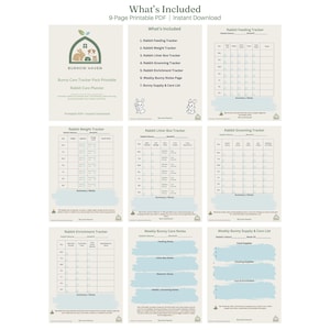 May include: A 9-page printable PDF rabbit care planner titled Burrow Haven. The set includes a feeding tracker, weight tracker, litter box tracker, grooming tracker, enrichment tracker, weekly notes page, and a bunny supply and care list.