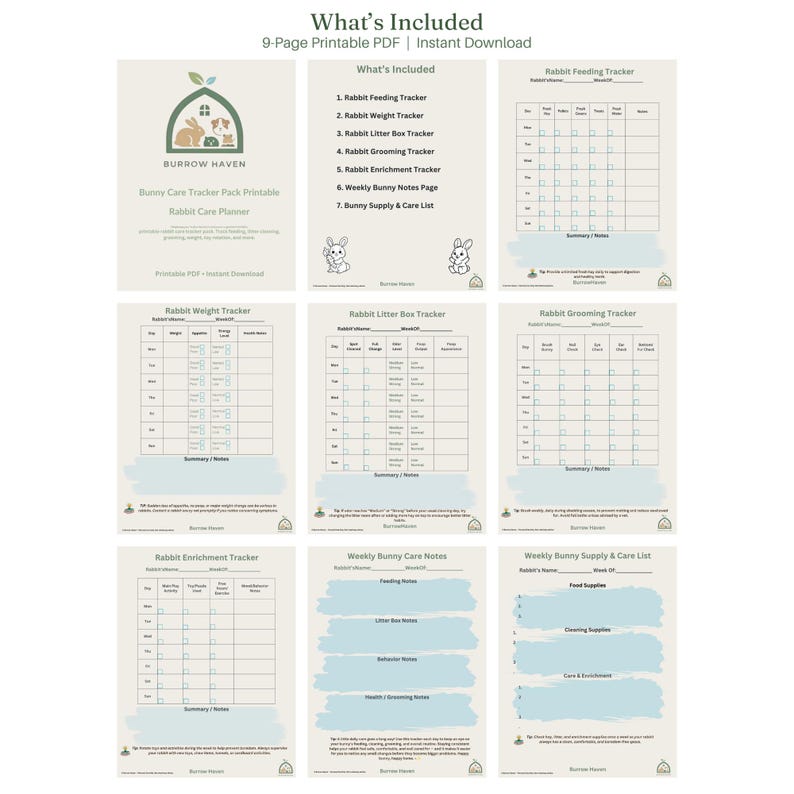 May include: A 9-page printable PDF rabbit care planner titled Burrow Haven. The set includes a feeding tracker, weight tracker, litter box tracker, grooming tracker, enrichment tracker, weekly notes page, and a bunny supply and care list.