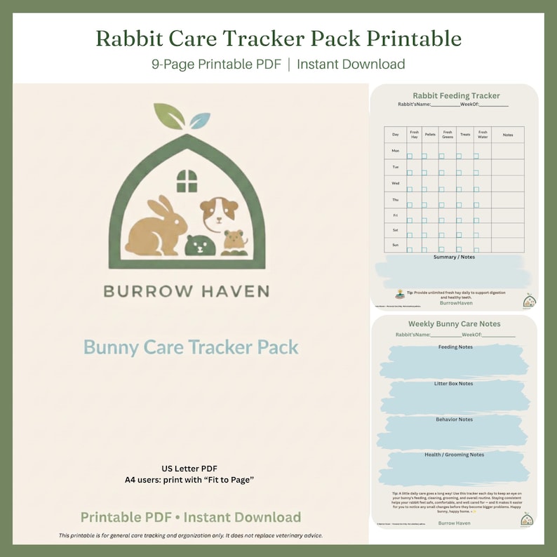 May include: A 9-page Rabbit Care Tracker Pack printable PDF featuring a logo with a rabbit, guinea pig, and hamster inside a house shape. The document includes a Rabbit Feeding Tracker grid and a Weekly Bunny Care Notes sheet with light blue accents.