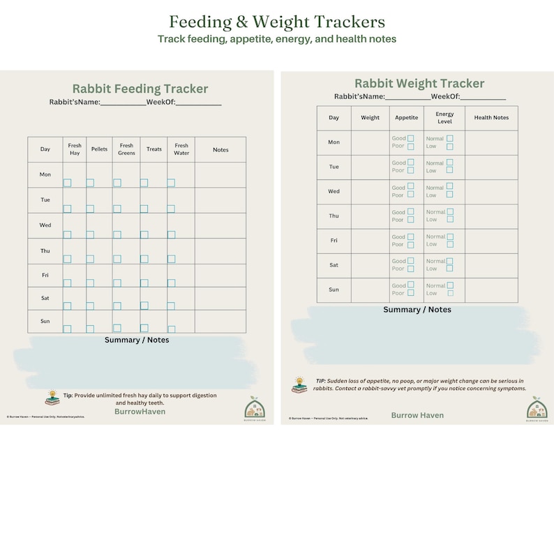 May include: Two printable tracking sheets titled Feeding & Weight Trackers. The left sheet is a Rabbit Feeding Tracker with columns for hay, pellets, greens, treats, and water. The right sheet is a Rabbit Weight Tracker with columns for weight, appetite, energy, and health notes.