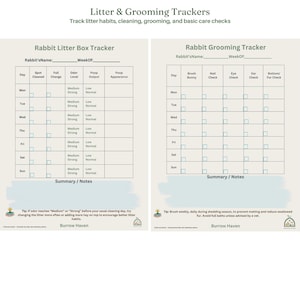 May include: Two printable tracking sheets titled Litter & Grooming Trackers. The Rabbit Litter Box Tracker includes columns for spot cleaning, odor level, and poop output. The Rabbit Grooming Tracker includes columns for brushing and health checks.