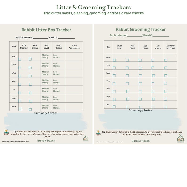 May include: Two printable tracking sheets titled Litter & Grooming Trackers. The Rabbit Litter Box Tracker includes columns for spot cleaning, odor level, and poop output. The Rabbit Grooming Tracker includes columns for brushing and health checks.