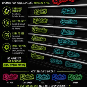 May include: Magnetic toolbox labels by The Print Garage featuring neon-style text in lime green and teal. The labels are 3D printed, adhesive-free, and repositionable. The image displays various tool categories like Sockets, Ratchets, and Wrenches, with a color chart showing hot pink, lime green, teal, blue, and green options.