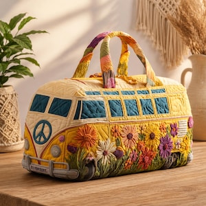 3D Embroidered Hippie Duffle – Colorful Patchwork Pattern with Sunflower & Flame Motifs, Perfect for Festival Travel