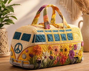 3D Embroidered Hippie Duffle – Colorful Patchwork Pattern with Sunflower & Flame Motifs, Perfect for Festival Travel
