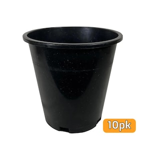 May include: A black plastic plant pot with a wide rim and a tapered body. The surface has a subtle speckled texture. An orange rectangular graphic in the bottom right corner displays the text 10pk, indicating a pack of ten units.