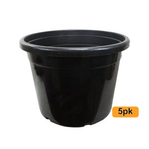 May include: A black plastic plant pot with a wide, reinforced rim and a smooth, tapered body. The container features a series of horizontal ridges along the interior of the top edge. An orange rectangular label with the text 5pk is visible.