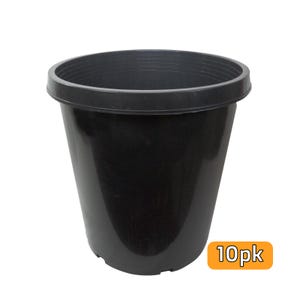 May include: A black plastic plant pot with a wide rim and a tapered body. The pot has a smooth, glossy finish and is designed for planting. The image includes a small orange rectangle with the text "10pk".
