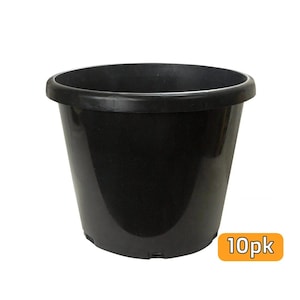 May include: A black plastic plant pot with a wide, rounded rim and a tapered body. The container features a smooth, solid finish and a circular opening at the top. An orange rectangular graphic in the bottom right corner displays the text 10pk.