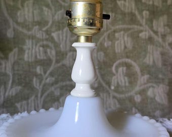 Mid-Century White Milk Glass Boudoir Accent Lamp Base with Beaded Trinket Tray Bottom