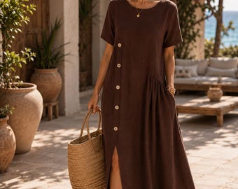 Robe midi 100 % coton pour femme, robe d'été décontractée, robe boutonnée coupe ample, robe bohème fluide, tenue de vacances