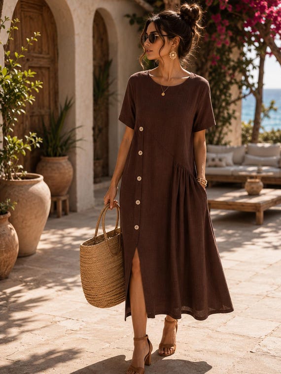 Buy Women's 100% Cotton Midi Dress, Casual Summer Dress, Relaxed Fit Button Dress, Loose Boho Dress, Vacation Outfit Online in India