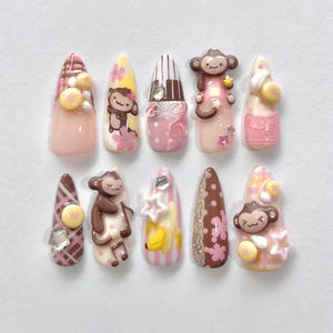Kawaii Monkey Press On Nails Cute San-X Fake Nails 3D Yellow Banana Pink Plaid Cherry Blossom Chocolate Candy White Lace Sweet Pastel Nails