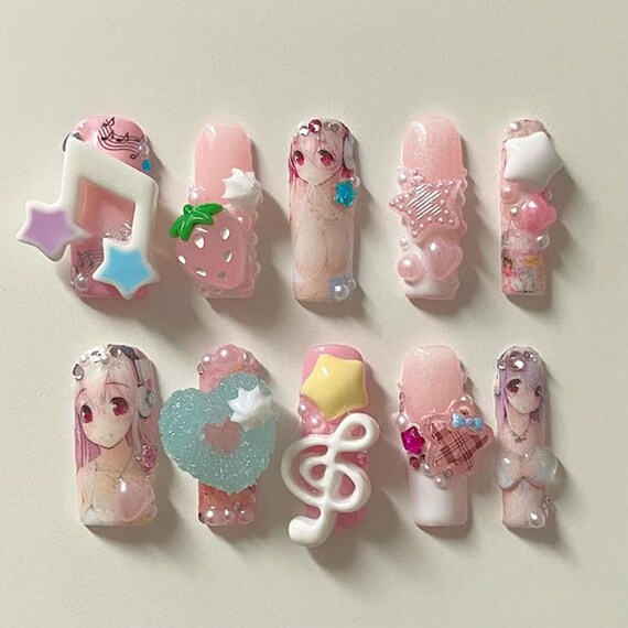 Kawaii Anime Super Sonico Press On Nails Cute Pink Fake Nails 3D Music Note Press Ons Gummy Heart Star Strawberry Tart Japanese Gyaru Nails