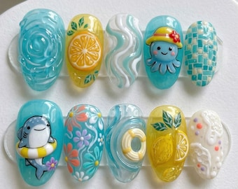 Kawaii Summer Beach Press On Nails Cute Whale Shark Octopus Fake Nails 3D Lemon Slice Water Ripple Swim Ring Floral Pool Vacation Nails