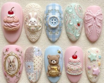 Kawaii Cottagecore Teddy Bear Press On Nails Cute 3D Bunny Fake Nails Pastel Patchwork Press Ons Kawaii Honey Bear Cream Puff Summer Nails