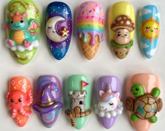 Kawaii Fantasy Press On Nails Cute Dragon Unicorn Fake Nails 3D Rainbow Ice Cream Castle Wizard Hat Celestial Galaxy Moon Turtle Nails