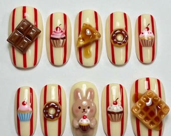 Kawaii Dessert Press On Nails Cute 3D Bakery Fake Nails Red Striped Press Ons Kawaii Bunny Chocolate Waffle Cupcake Donut Summer Gift Nails