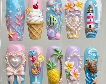 Tropical Beach Press On Nails Summer Ocean Fake Nails 3D Sea Turtle Lighthouse Ice Cream Fruit Cocktail Pineapple Palm Tree Pearl Heart Nail