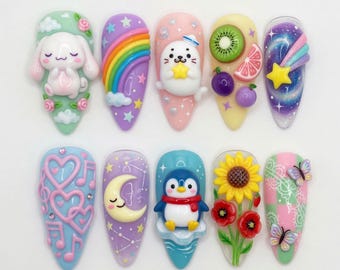 Kawaii Press On Nails Cute Bunny Penguin Fake Nails 3D Sailor Seal Rainbow Kiwi Fruit Sunflower Butterfly Celestial Moon Star Gingham Nails
