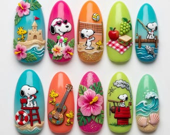 Kawaii 3D Snoopy Press On Nails Cute Snoopy Beach Fake Nails Woodstock Summer Press Ons Hibiscus Flower Volleyball Picnic Guitar Nails