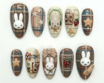 Kawaii Miffy Press On Nails Cute Brown Plaid Fake Nails 3D Bunny Press Ons Headphone Bunny Strawberry Bandage Star Beige Ribbon Bow Nails