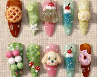 Kawaii Dog Press On Nails Cute Cream Soda Fake Nails 3D Dessert Press Ons Sanrio Cinnamon Roll Dango Apple Pie Melon Jelly Mushroom Nails