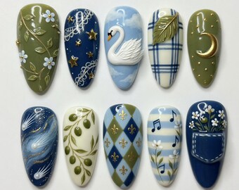 Cottagecore White Swan Press On Nails Cute Olive Fake Nails French Argyle Fleur De Lis Press Ons Navy Blue Star Moon Plaid Pocket Gift Nails