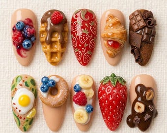 Kawaii Breakfast Press On Nails Cute Food Fake Nails 3D Waffle Croissant Chocolate Strawberry Donut Fruit Yogurt Fried Egg Toast Brown Nails