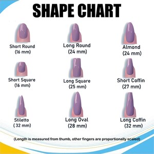 Puede incluir: Un SHAPE CHART que muestra nueve formas de u&ntilde;as moradas con etiquetas y medidas en mil&iacute;metros: Short Round (16 mm), Long Round (24 mm), Almond (24 mm), Short Square (16 mm), Long Square (25 mm), Short Coffin (27 mm), Stiletto (32 mm), Long Oval (28 mm) y Long Coffin (32 mm).