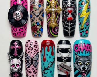 Cyber Gyaru Punk Press On Nails Gothic Emo Fake Nails 3D Vinyl Record Cross Skull Sword Razor Chain Blood Drip Wolf Chaos Leopard Nails