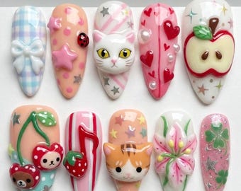 Kawaii Cat Press On Nails Cute 3D Kitten Fake Nails Calico White Cat Press Ons Apple Cherry Bear Strawberry Music Note Flower Clover Nails