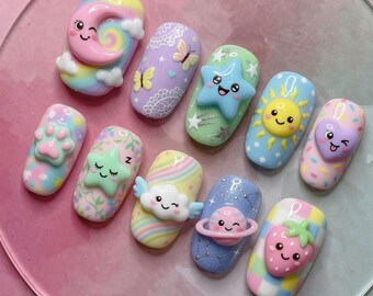 Cute 3D Pastel Press On Nails Rainbow Crescent Moon Smiley Sun Star Cloud Saturn Planet Strawberry Checkerboard Handpainted Kawaii Gift Nail