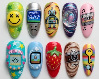 Kawaii 3D Retro Press On Nails Cute Tamagotchi Fake Nails Fun Pixel Robot Retro Gameboy Cassette Tape Smile Camera Strawberry Nails