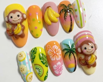 Kawaii Monkey Press On Nails Cute Tropical Fake Nails 3D Banana Press Ons Summer Beach Palm Tree Hibiscus Flower Kiwi Fruits Stripes Nails
