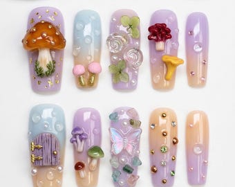 Cute 3D Mushroom Press On Nails Fairy Garden Fake Nails Butterfly Crystal Stones Wooden Door Gold Foil Cottagecore Forest Goblincore Nails