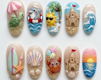 Cute Beach Press On Nails Summer Fake Nails 3D Sea Turtle Shark Sandcastle Surfboard Little Crab Ice Cream Seashell Ocean Sunset Nails