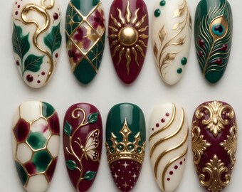 Uñas postizas barrocas vintage de lujo verde esmeralda, tiara de sol dorada 3D, flor de lis, pluma de pavo real, burdeos, granate, uñas reales