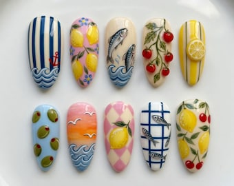 Mediterranean Press On Nails Cute Lemon Fake Nails Italian Amalfi Coast Press Ons Sardine Fish Cherry Tomato Ocean Wave Anchor Olive Nails