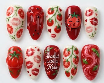 Kawaii 3D Tomato Press On Nails Cute Red Lips Fake Nails Fun Sealed With A Kiss Press Ons Tomato Vine Red Drip Spaghetti Basil Gift Nails