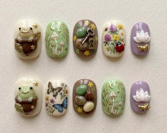 Cute 3D Frog Press On Nails Mushroom Goblincore Fake Nails Ladybug Butterfly Lotus Flower River Stones Keyhole Cottagecore Forest Gift Nails
